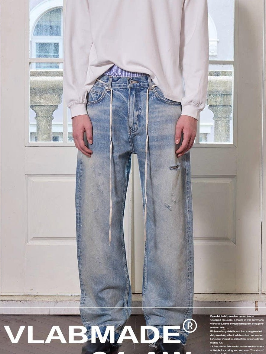 VLABMADE Washed Ripped Mid Rise Vintage Loose Fit Everyday Straight-Leg Jeans