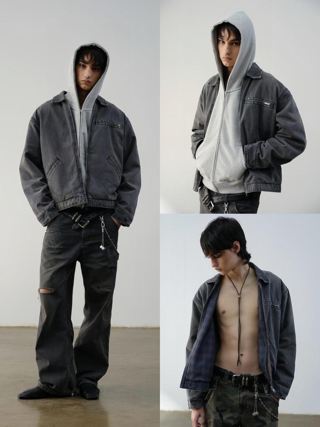 VLABMADE Windproof 100% Cotton Distressed Loose Short Rib Hem Men Grey Puffer Jackets