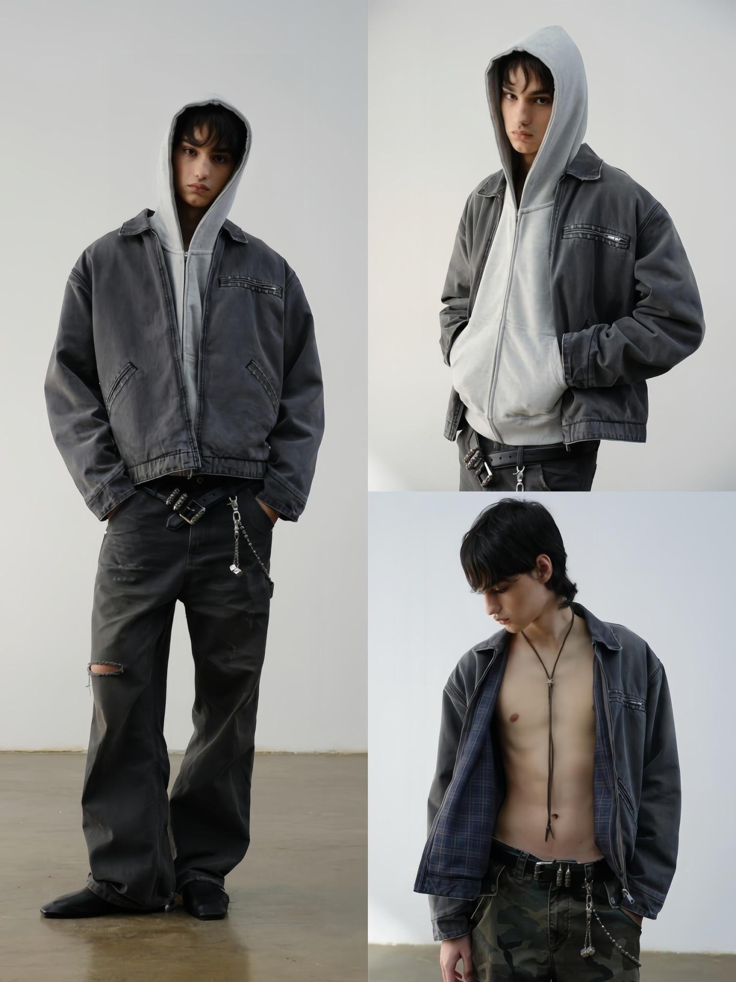 VLABMADE Windproof 100% Cotton Distressed Loose Short Rib Hem Men Grey Puffer Jackets