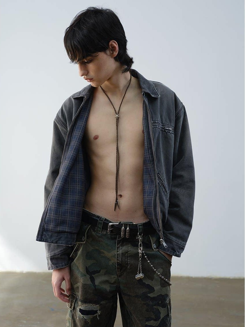 VLABMADE Windproof 100% Cotton Distressed Loose Short Rib Hem Men Grey Puffer Jackets