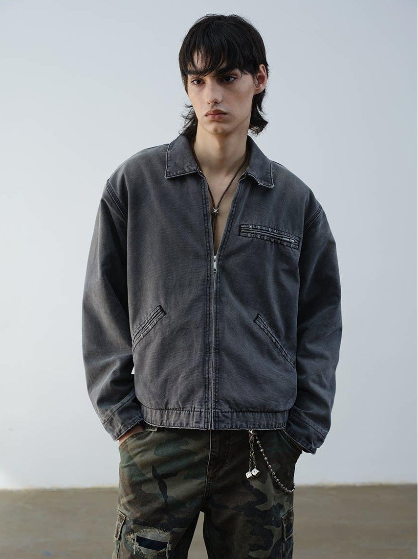 VLABMADE Windproof 100% Cotton Distressed Loose Short Rib Hem Men Grey Puffer Jackets