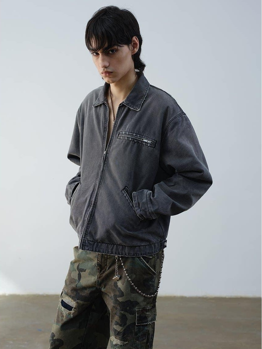 VLABMADE Windproof 100% Cotton Distressed Loose Short Rib Hem Men Grey Puffer Jackets