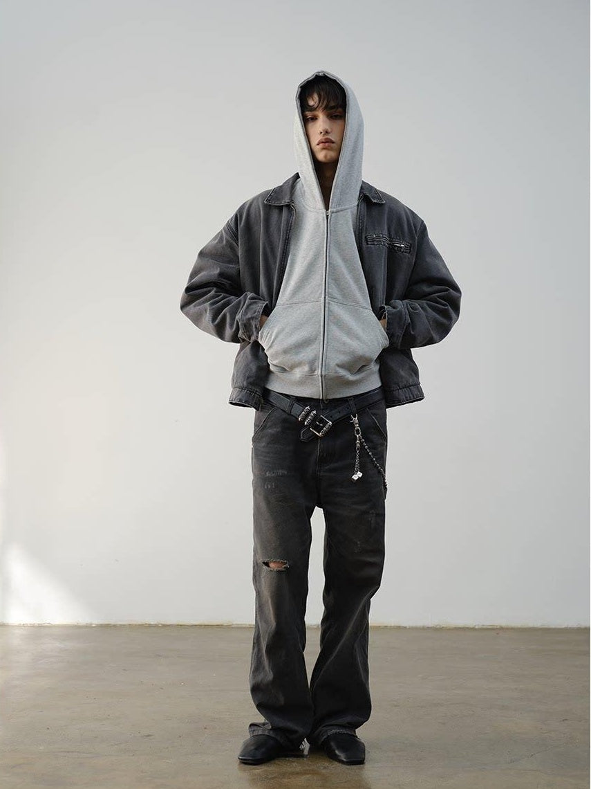 VLABMADE Windproof 100% Cotton Distressed Loose Short Rib Hem Men Grey Puffer Jackets