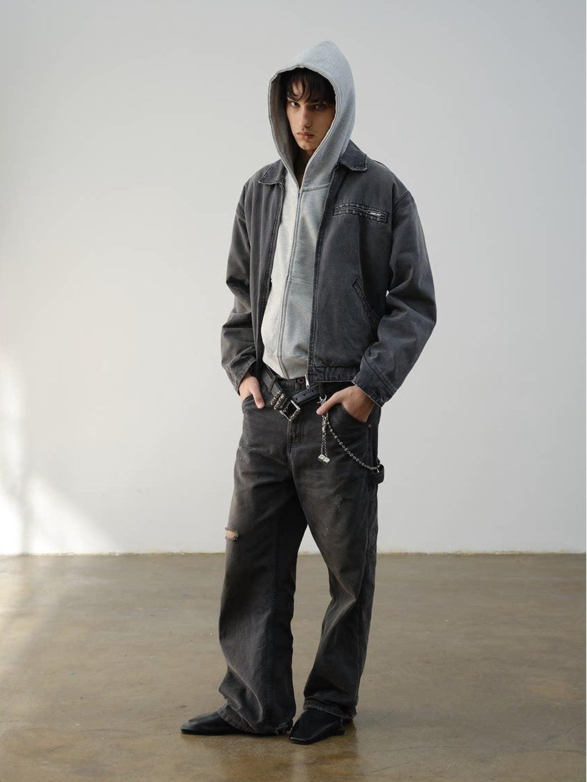 VLABMADE Windproof 100% Cotton Distressed Loose Short Rib Hem Men Grey Puffer Jackets