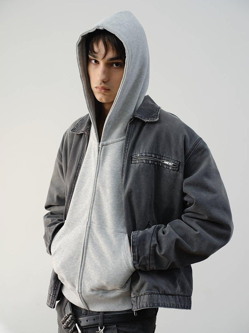 VLABMADE Windproof 100% Cotton Distressed Loose Short Rib Hem Men Grey Puffer Jackets