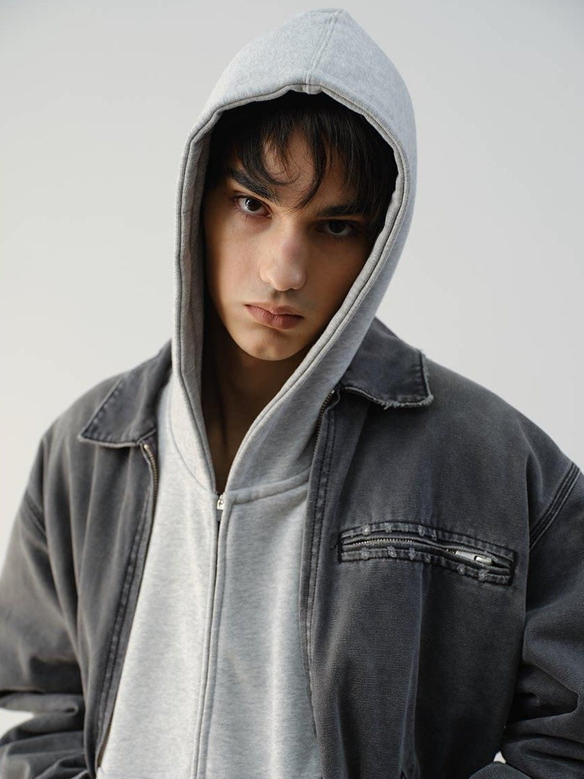 VLABMADE Windproof 100% Cotton Distressed Loose Short Rib Hem Men Grey Puffer Jackets
