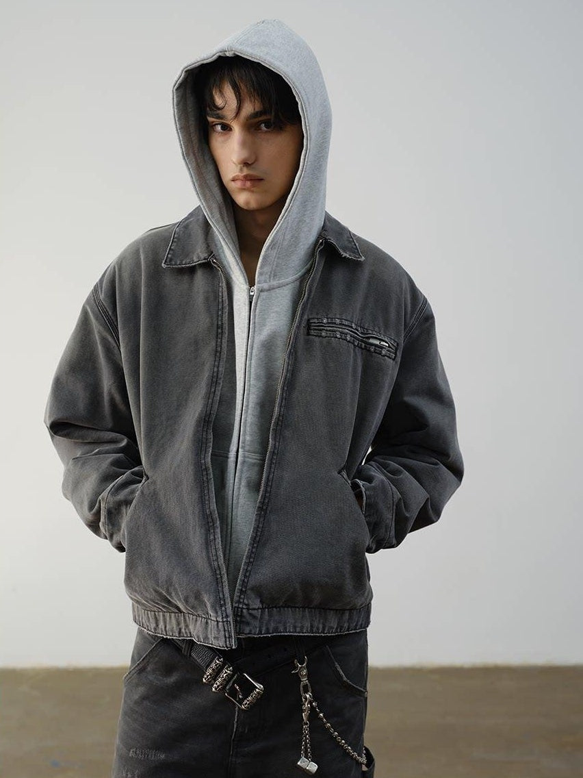 VLABMADE Windproof 100% Cotton Distressed Loose Short Rib Hem Men Grey Puffer Jackets