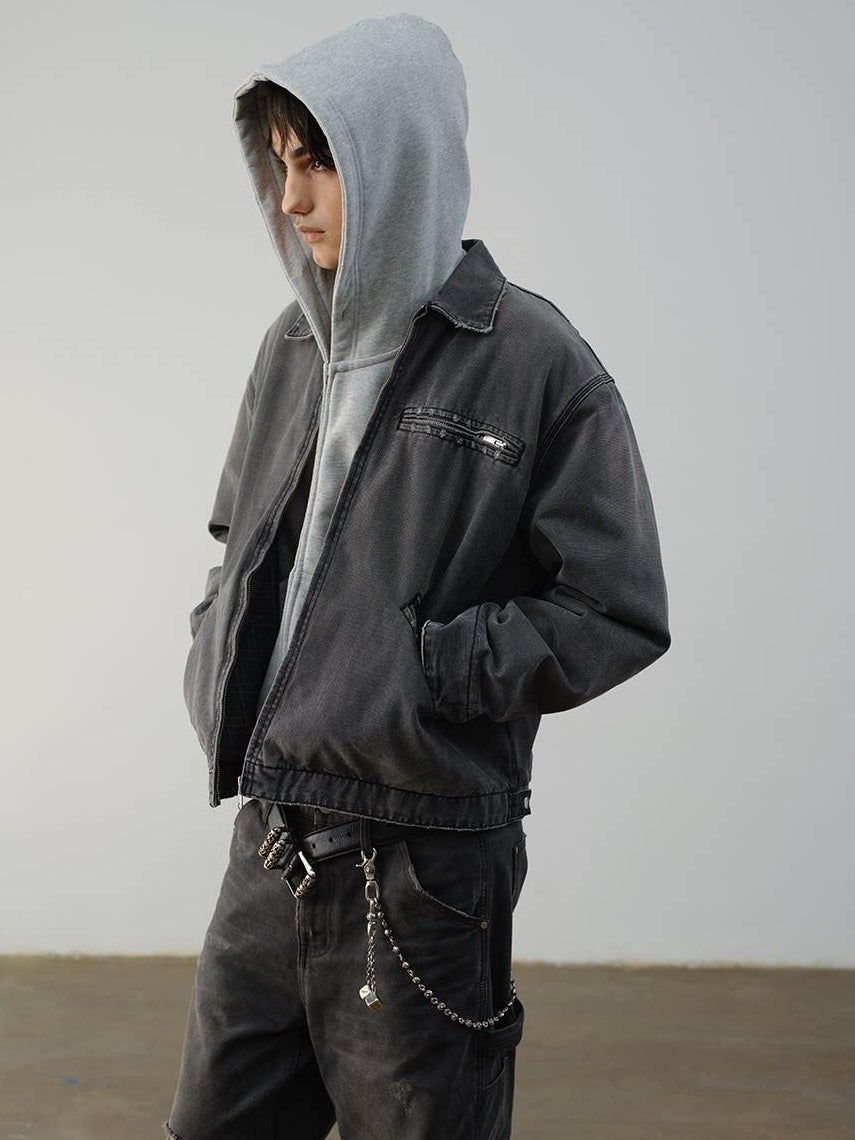 VLABMADE Windproof 100% Cotton Distressed Loose Short Rib Hem Men Grey Puffer Jackets