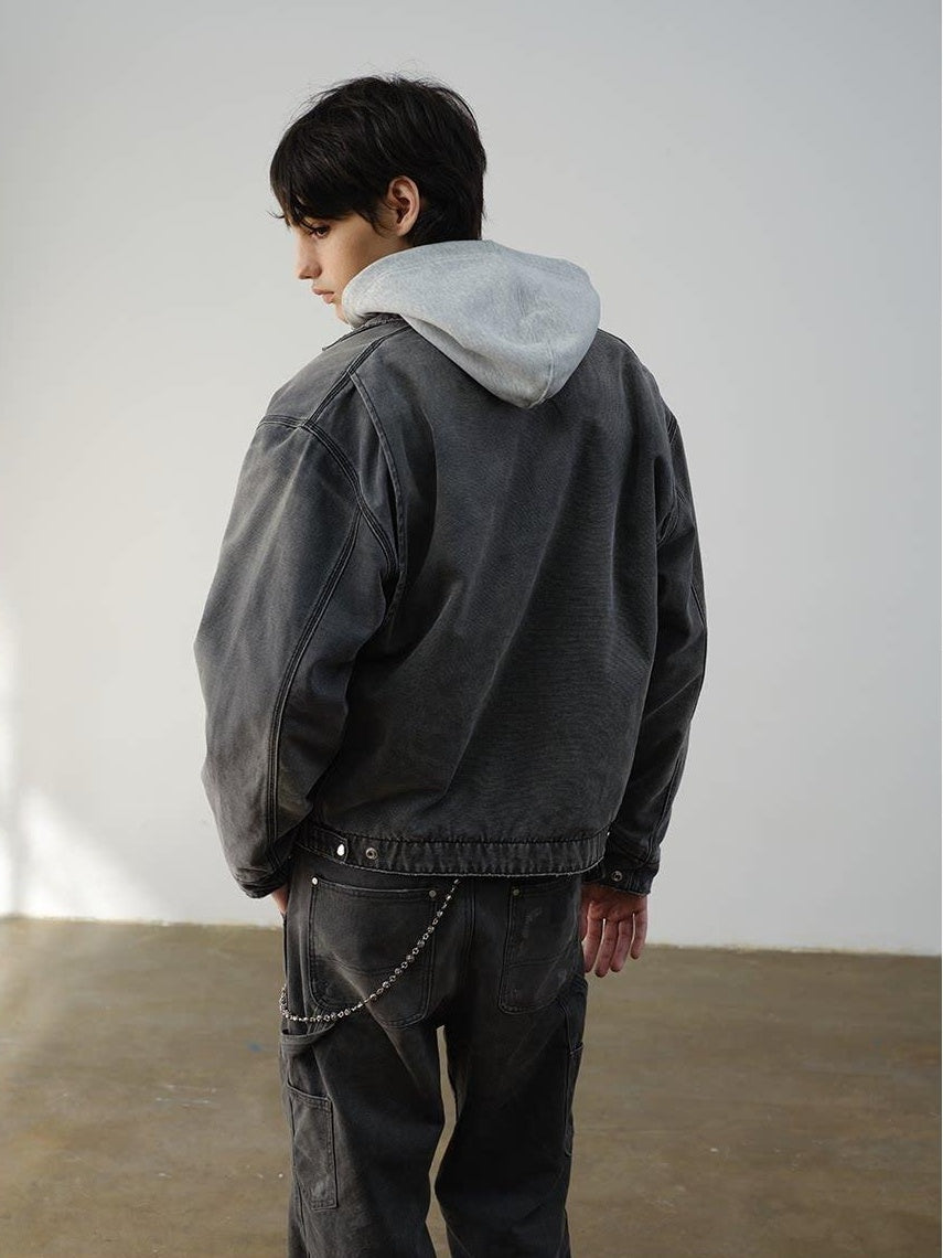 VLABMADE Windproof 100% Cotton Distressed Loose Short Rib Hem Men Grey Puffer Jackets