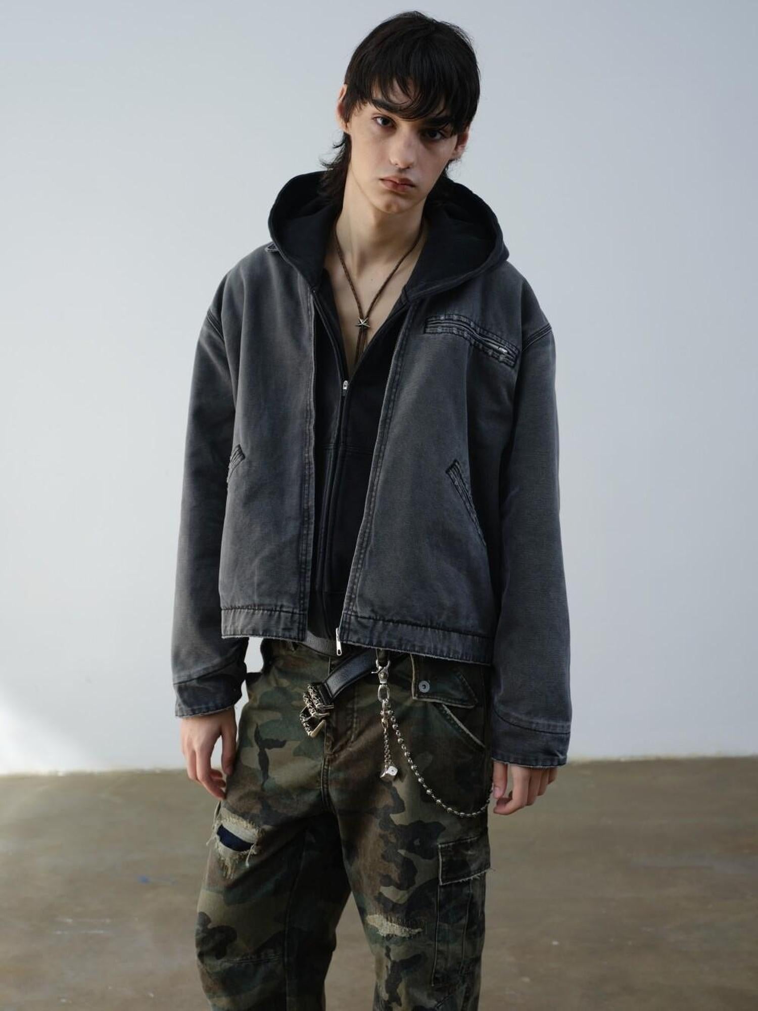 VLABMADE Windproof 100% Cotton Distressed Loose Short Rib Hem Men Grey Puffer Jackets