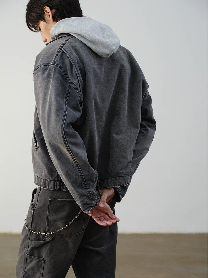 VLABMADE Windproof 100% Cotton Distressed Loose Short Rib Hem Men Grey Puffer Jackets