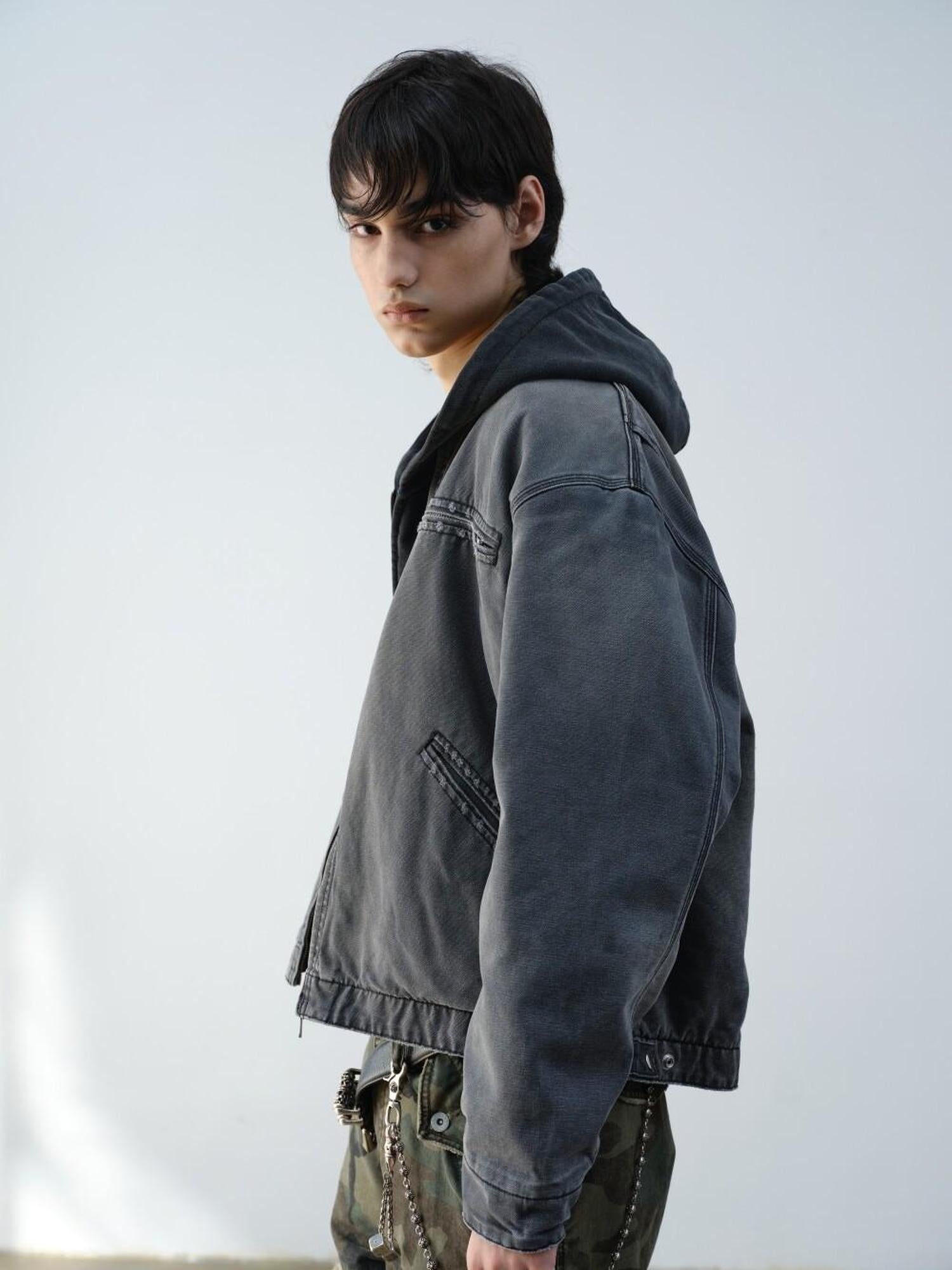 VLABMADE Windproof 100% Cotton Distressed Loose Short Rib Hem Men Grey Puffer Jackets