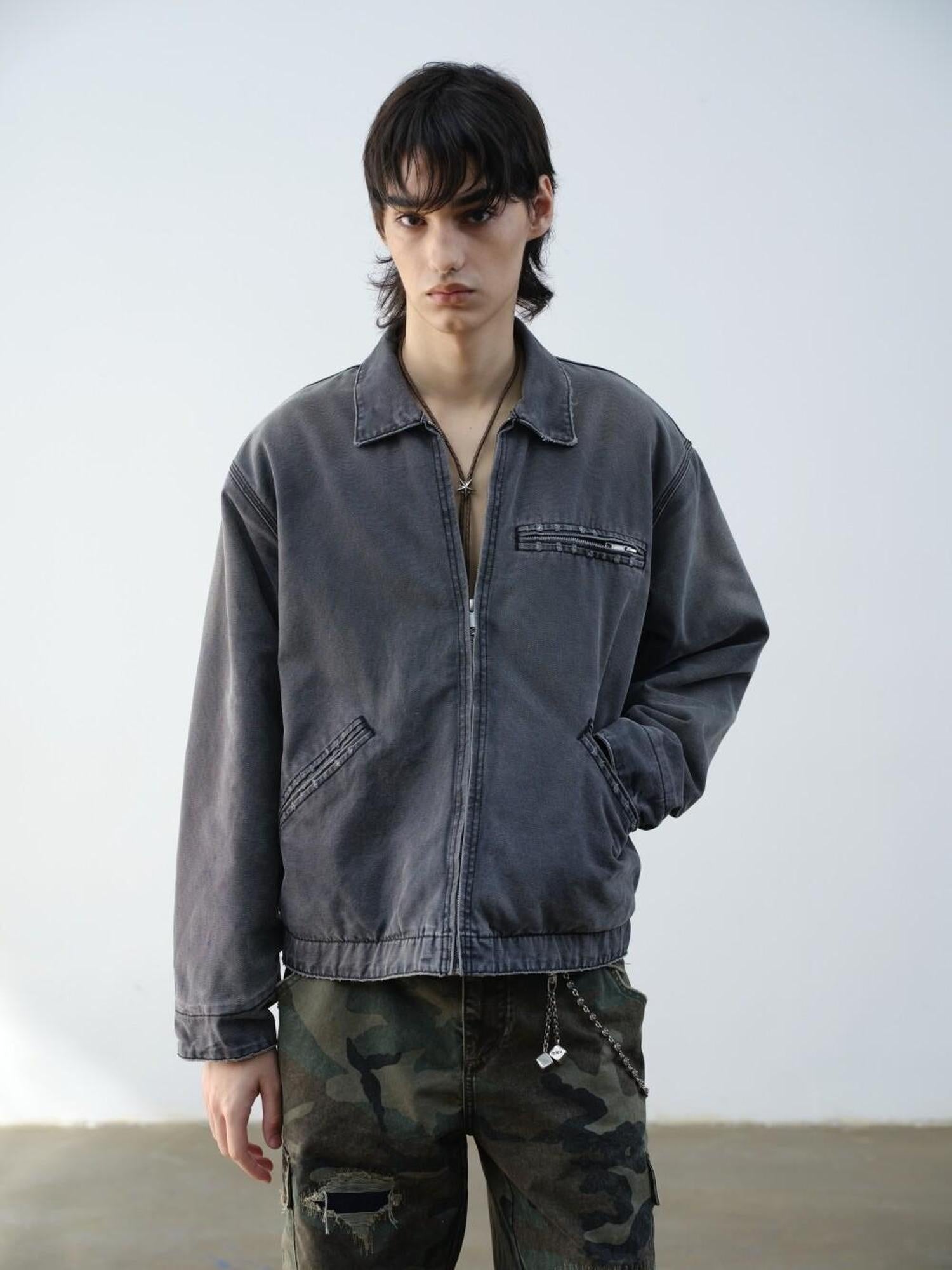 VLABMADE Windproof 100% Cotton Distressed Loose Short Rib Hem Men Grey Puffer Jackets