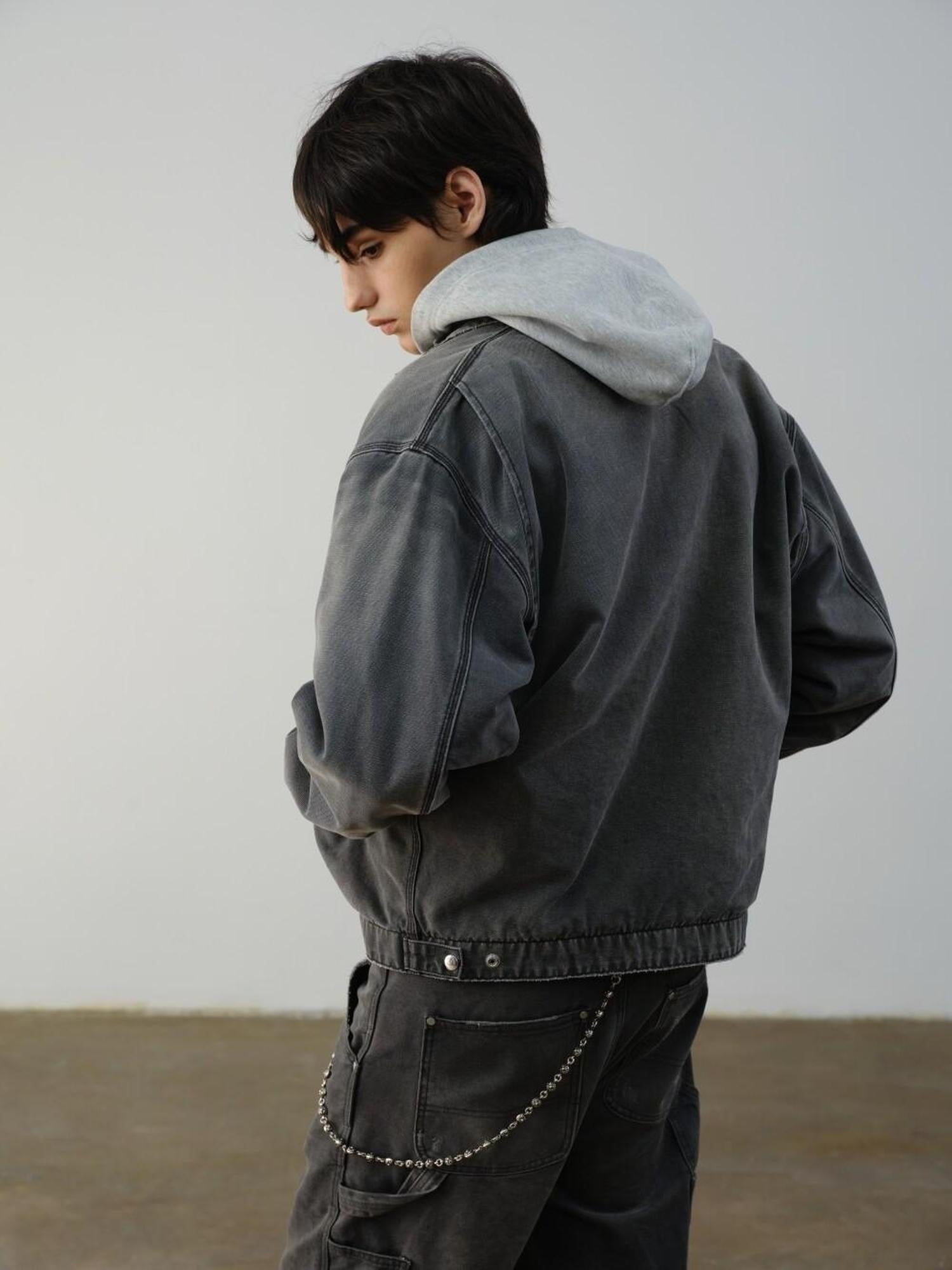 VLABMADE Windproof 100% Cotton Distressed Loose Short Rib Hem Men Grey Puffer Jackets