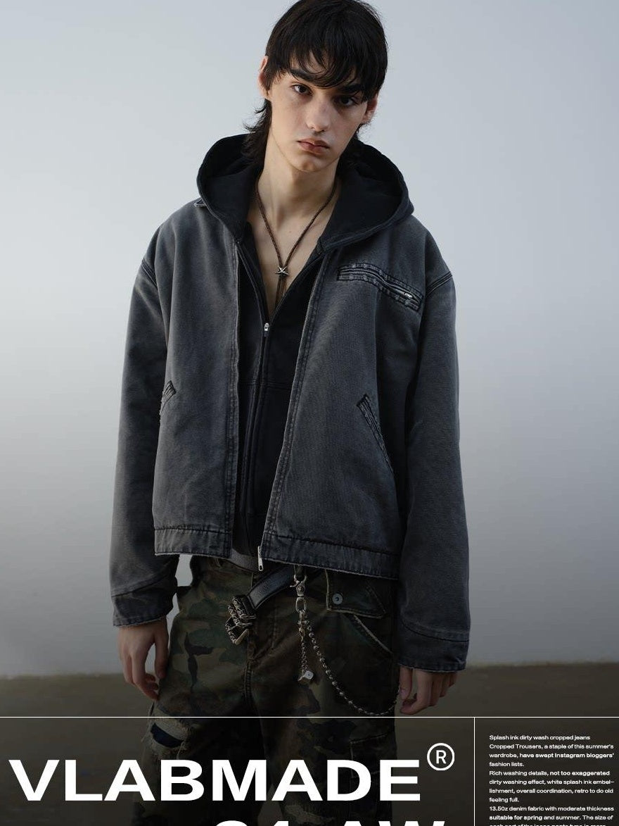 VLABMADE Windproof 100% Cotton Distressed Loose Short Rib Hem Men Grey Puffer Jackets
