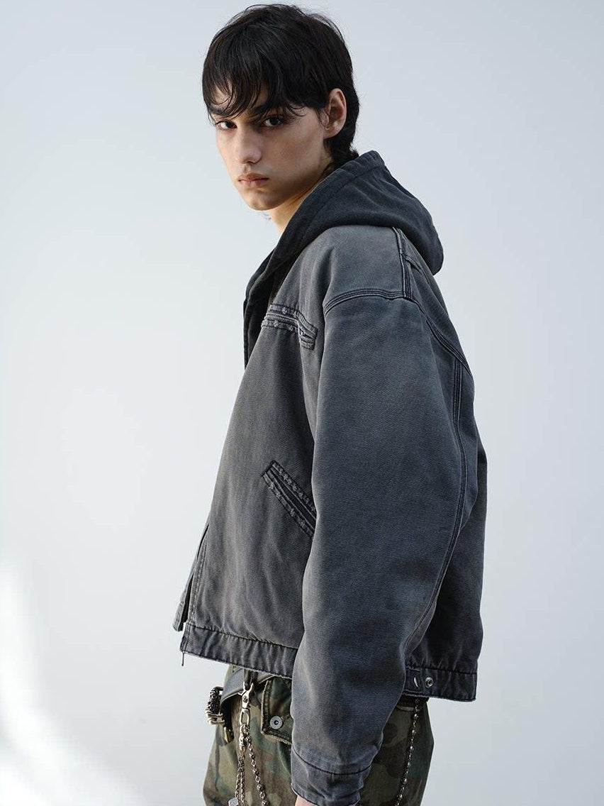 VLABMADE Windproof 100% Cotton Distressed Loose Short Rib Hem Men Grey Puffer Jackets
