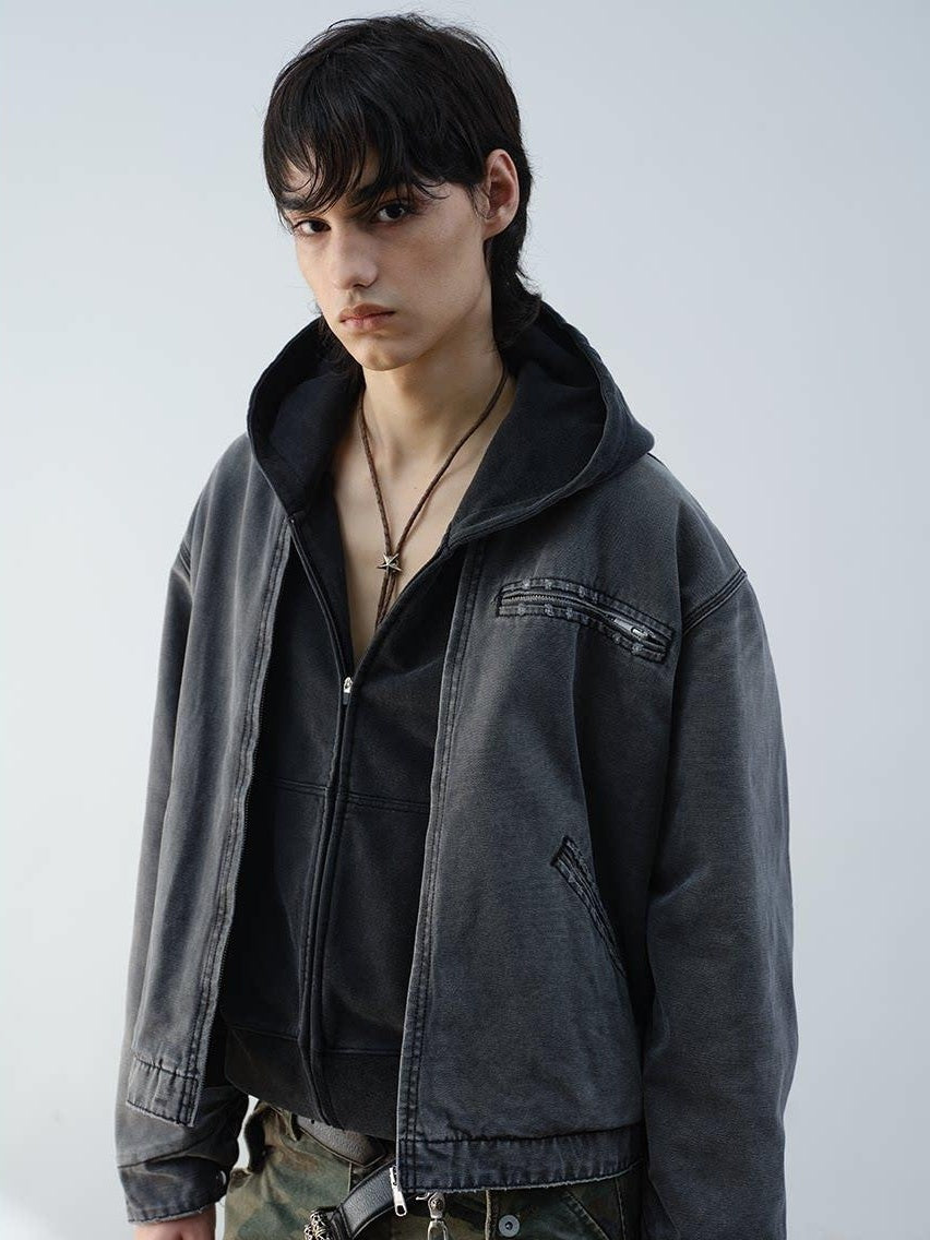 VLABMADE Windproof 100% Cotton Distressed Loose Short Rib Hem Men Grey Puffer Jackets