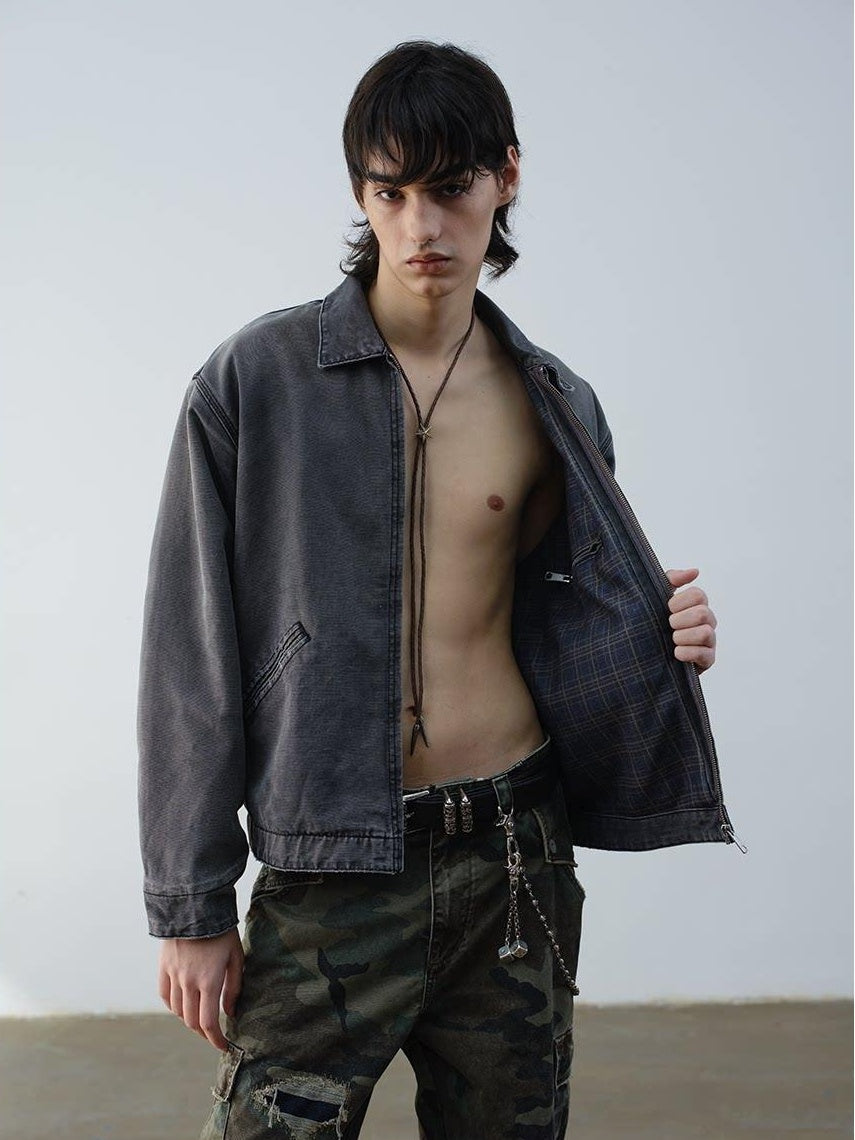 VLABMADE Windproof 100% Cotton Distressed Loose Short Rib Hem Men Grey Puffer Jackets