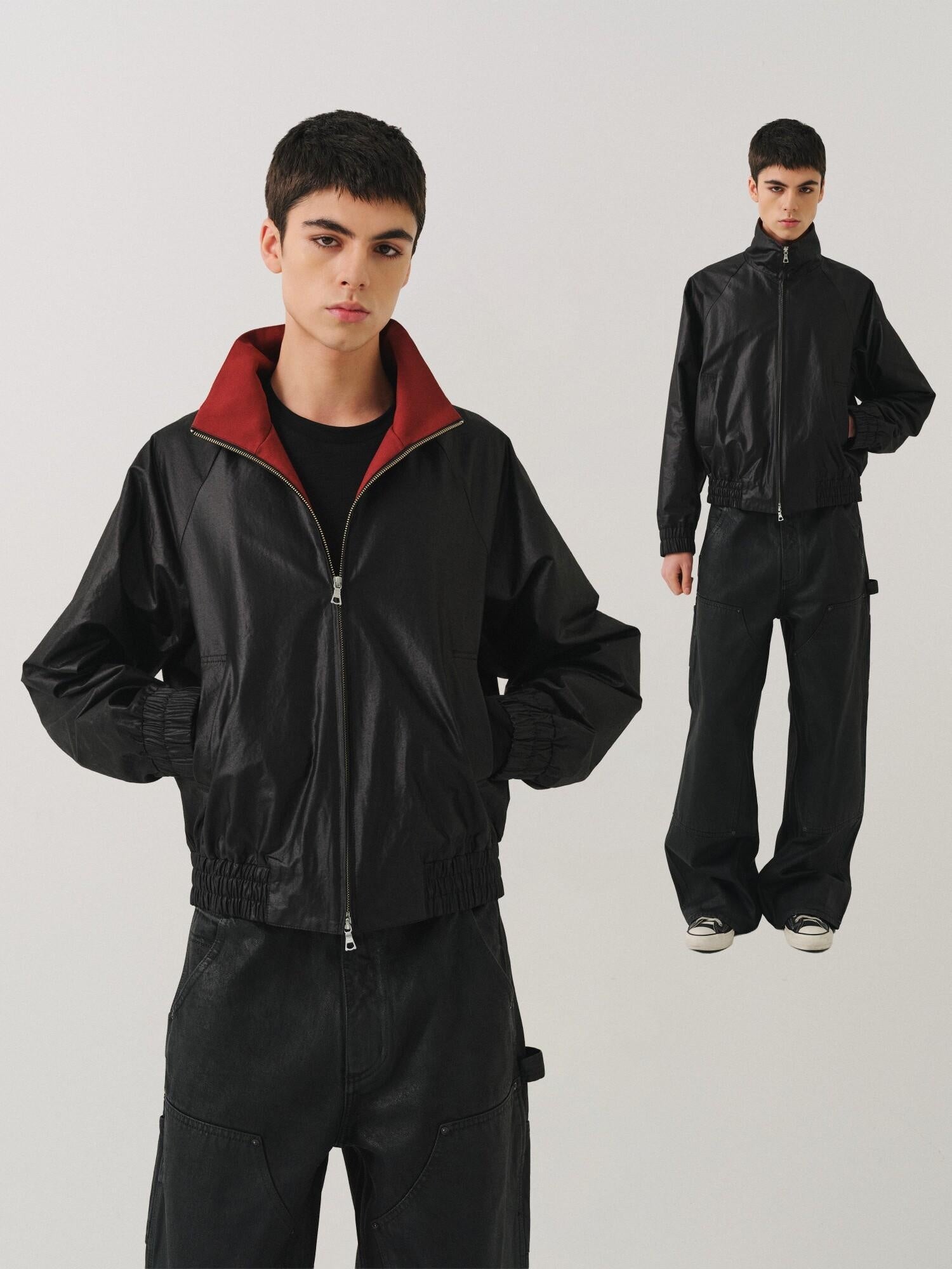 VLABMADE Windproof Silky Colorblock Loose Fit Unisex Zip Short Elastic Hem Track Jackets