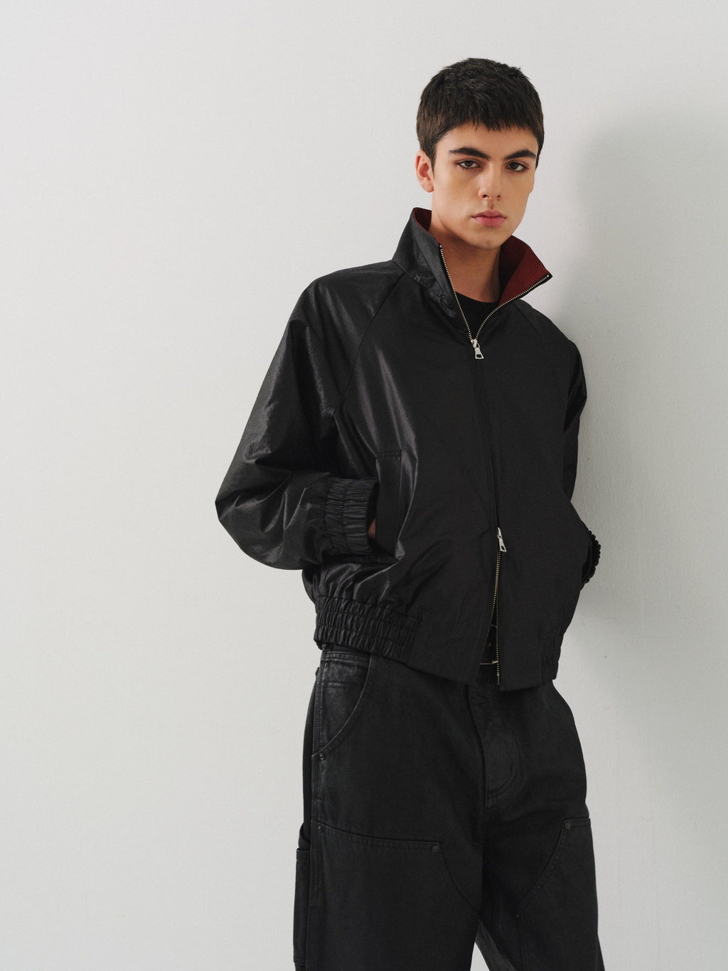 VLABMADE Windproof Silky Colorblock Loose Fit Unisex Zip Short Elastic Hem Track Jackets