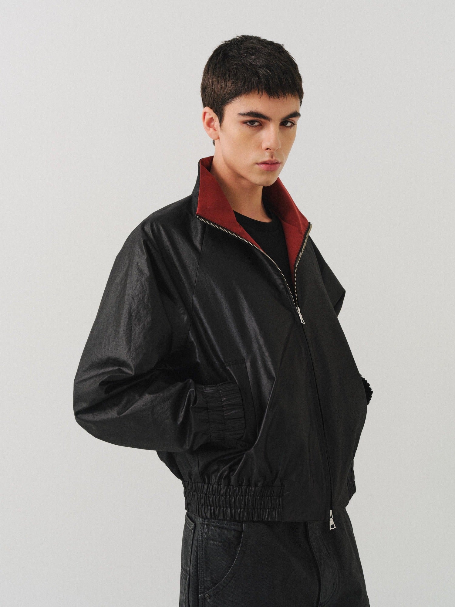 VLABMADE Windproof Silky Colorblock Loose Fit Unisex Zip Short Elastic Hem Track Jackets