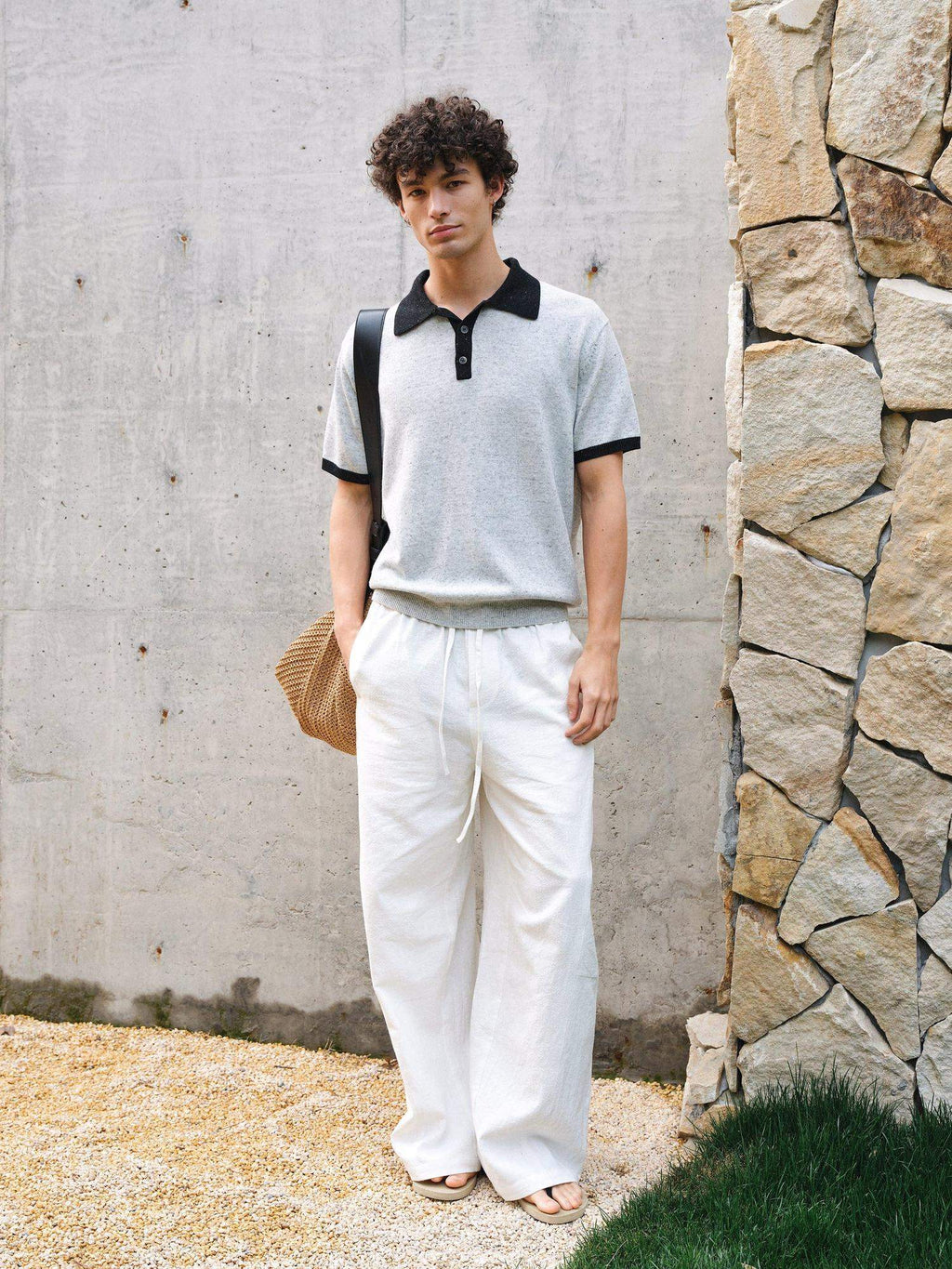 VLABMADE Wool Linen Knit Contrast Collar Unisex Classic Short Sleeve Polo Shirts