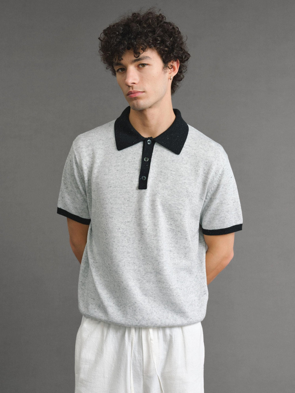 VLABMADE Wool Linen Knit Contrast Collar Unisex Classic Short Sleeve Polo Shirts