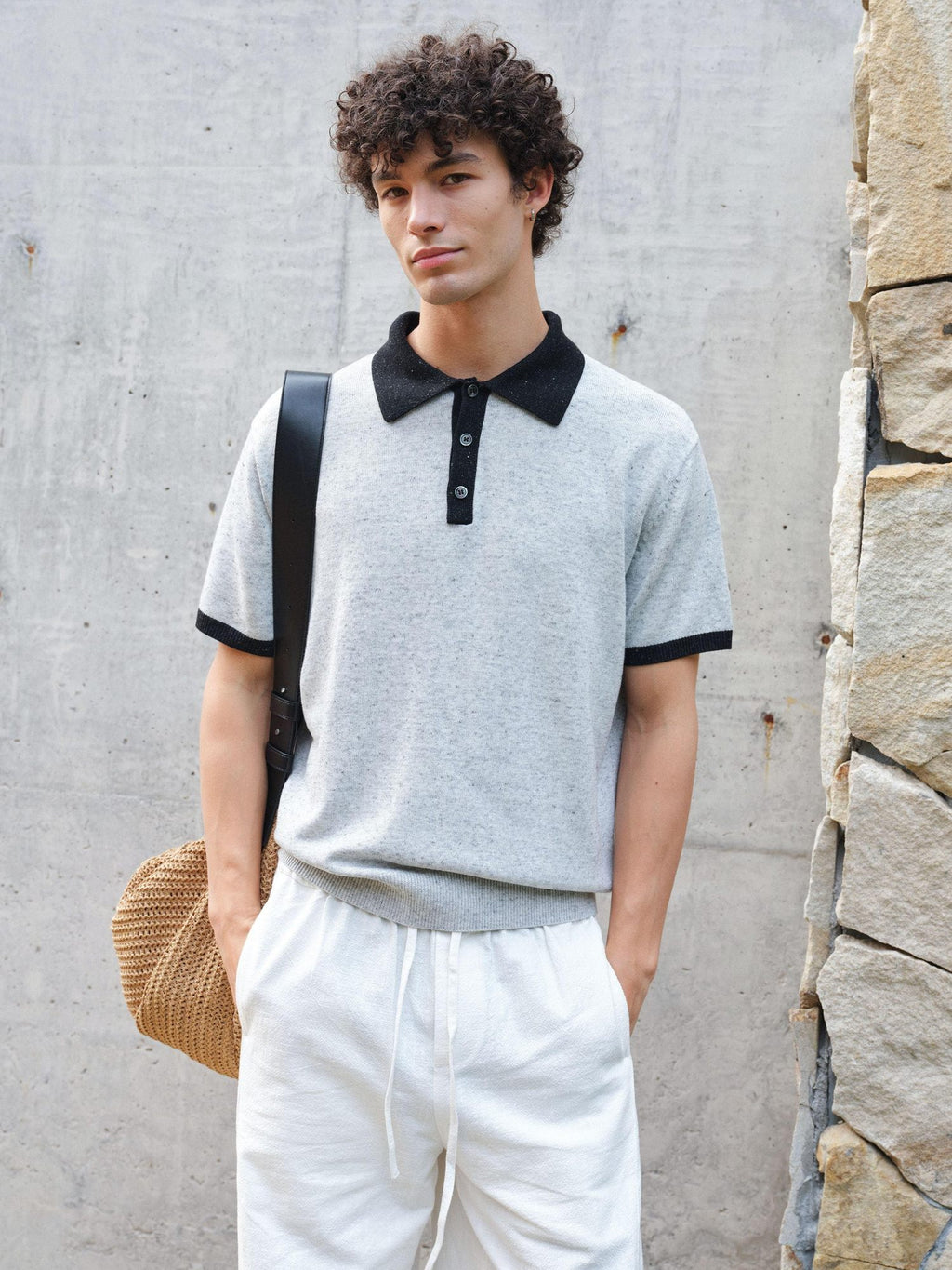 VLABMADE Wool Linen Knit Contrast Collar Unisex Classic Short Sleeve Polo Shirts