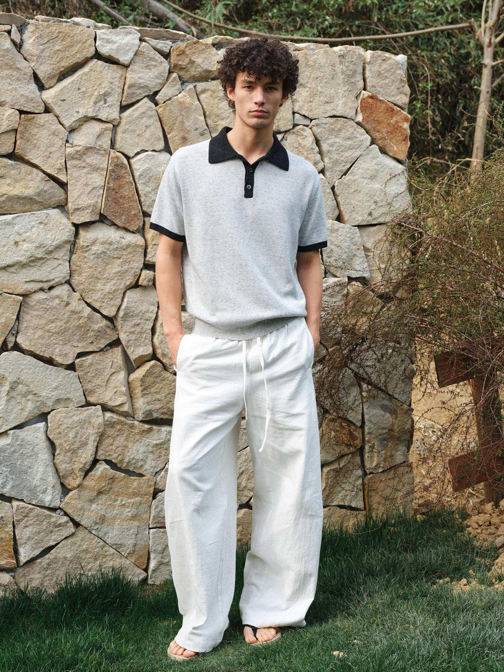 VLABMADE Wool Linen Knit Contrast Collar Unisex Classic Short Sleeve Polo Shirts