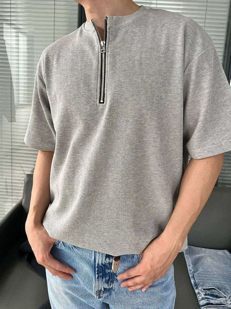 VLABMADE_Wrinkle_Free_Double_Zipper_Loose_Cotton_Street_Men_Waffle_Short_Sleeve_T-Shirts_MISSTT