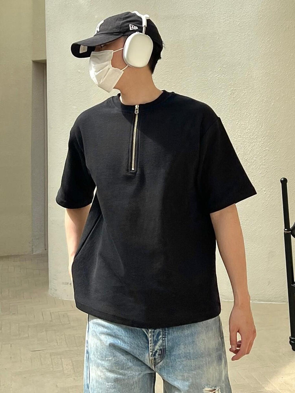 VLABMADE Wrinkle Free Double Zipper Loose Cotton Street Men Waffle Short Sleeve T-Shirts