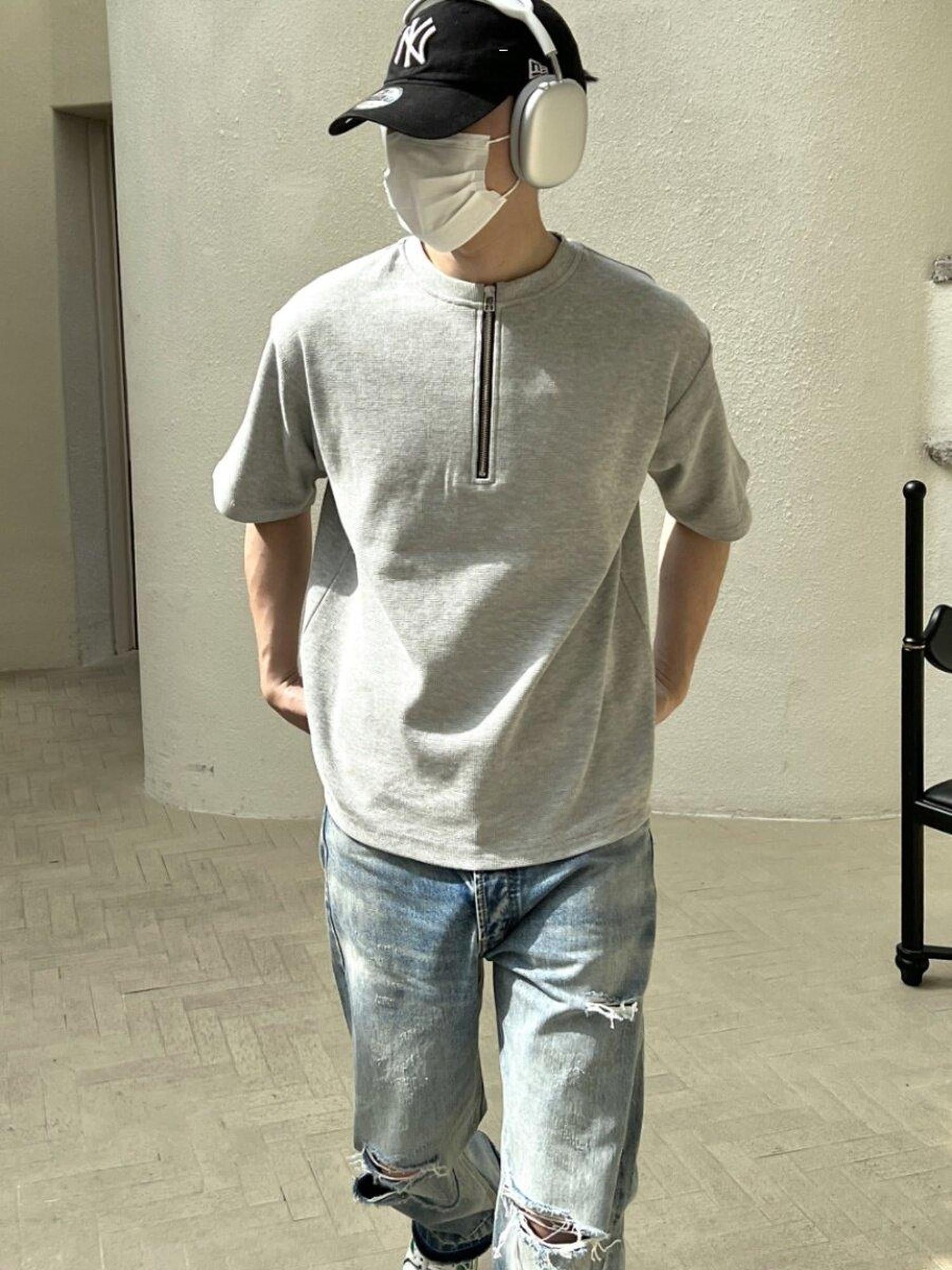 VLABMADE Wrinkle Free Double Zipper Loose Cotton Street Men Waffle Short Sleeve T-Shirts
