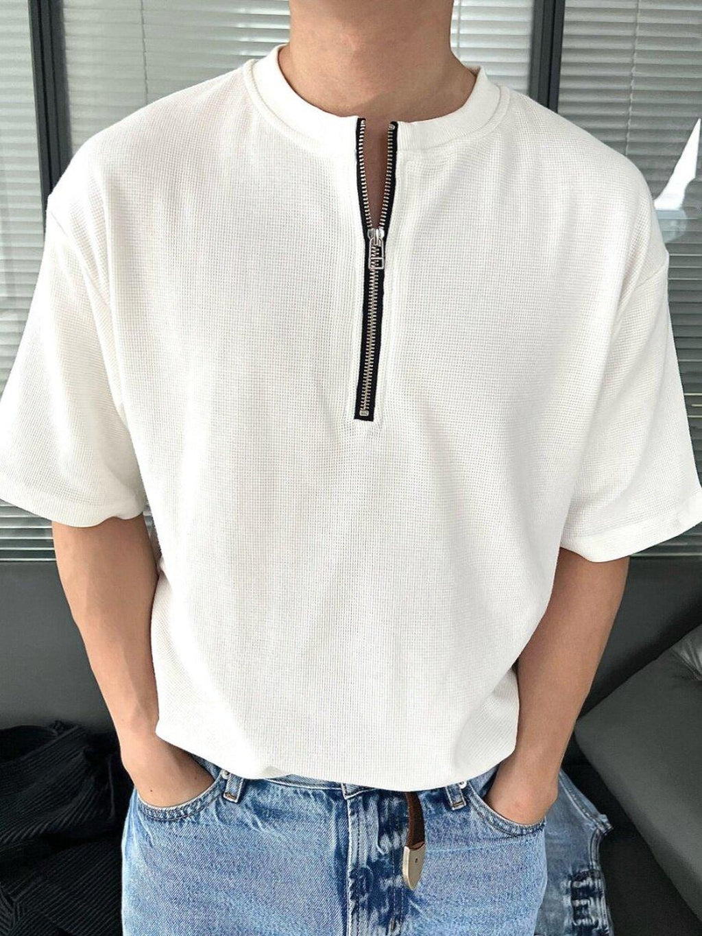 VLABMADE Wrinkle Free Double Zipper Loose Cotton Street Men Waffle Short Sleeve T-Shirts