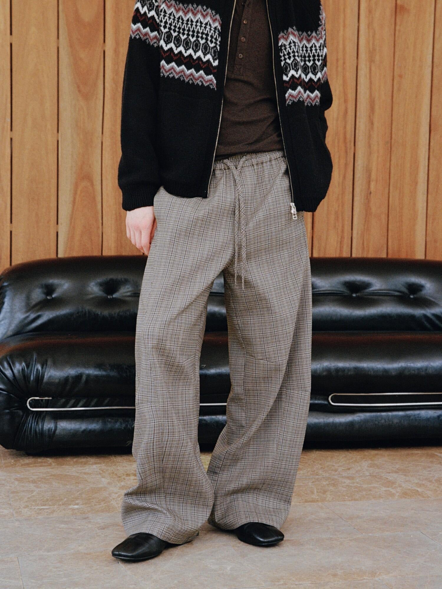 VLABMADE Wrinkle Free Relaxed Wide Patchwork Houndstooth Work Drawstring Casual Trousers