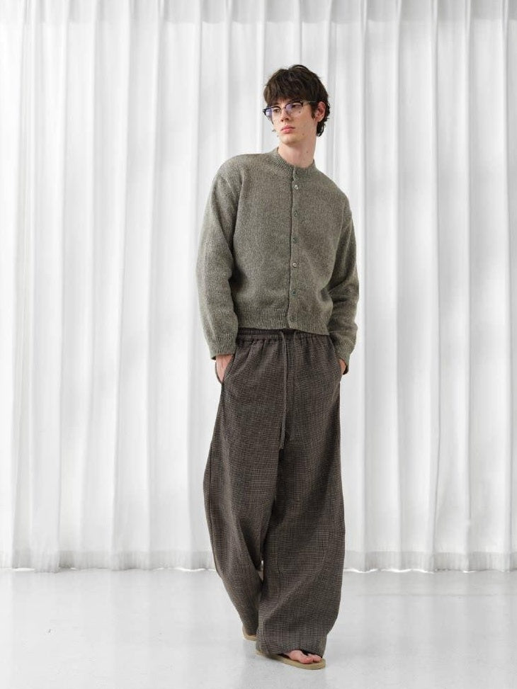 VLABMADE Wrinkle Free Relaxed Wide Patchwork Houndstooth Work Drawstring Casual Trousers