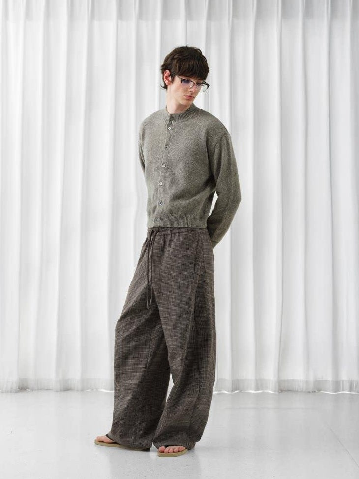 VLABMADE Wrinkle Free Relaxed Wide Patchwork Houndstooth Work Drawstring Casual Trousers