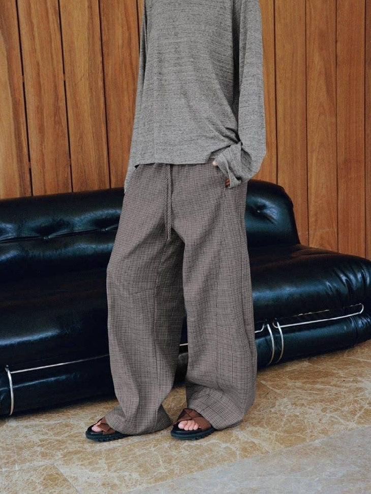 VLABMADE Wrinkle Free Relaxed Wide Patchwork Houndstooth Work Drawstring Casual Trousers