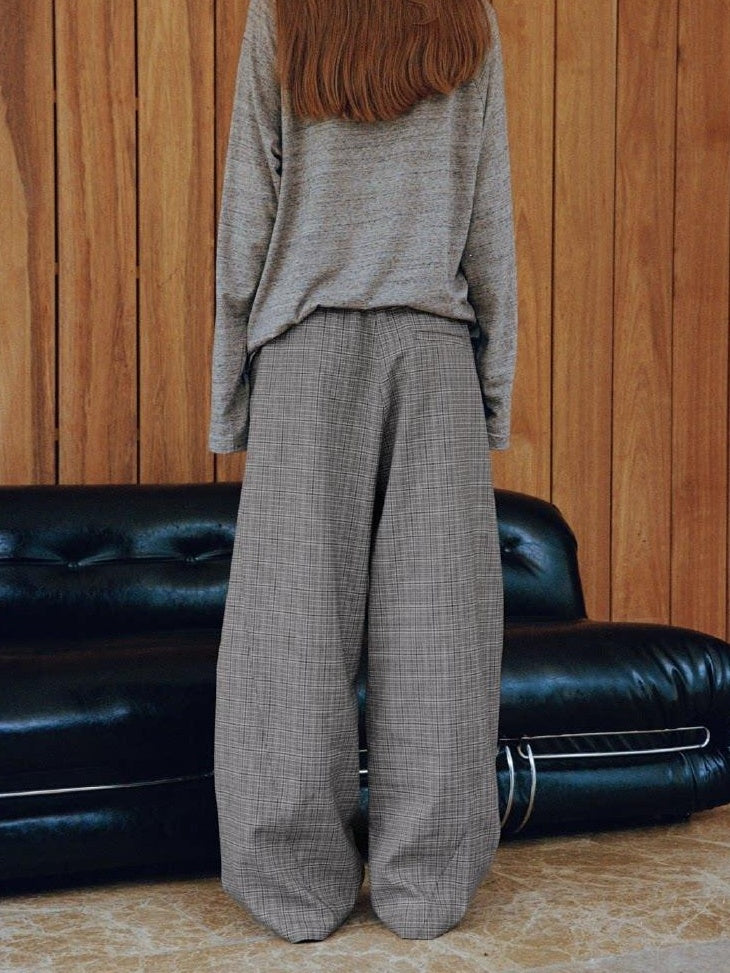 VLABMADE Wrinkle Free Relaxed Wide Patchwork Houndstooth Work Drawstring Casual Trousers