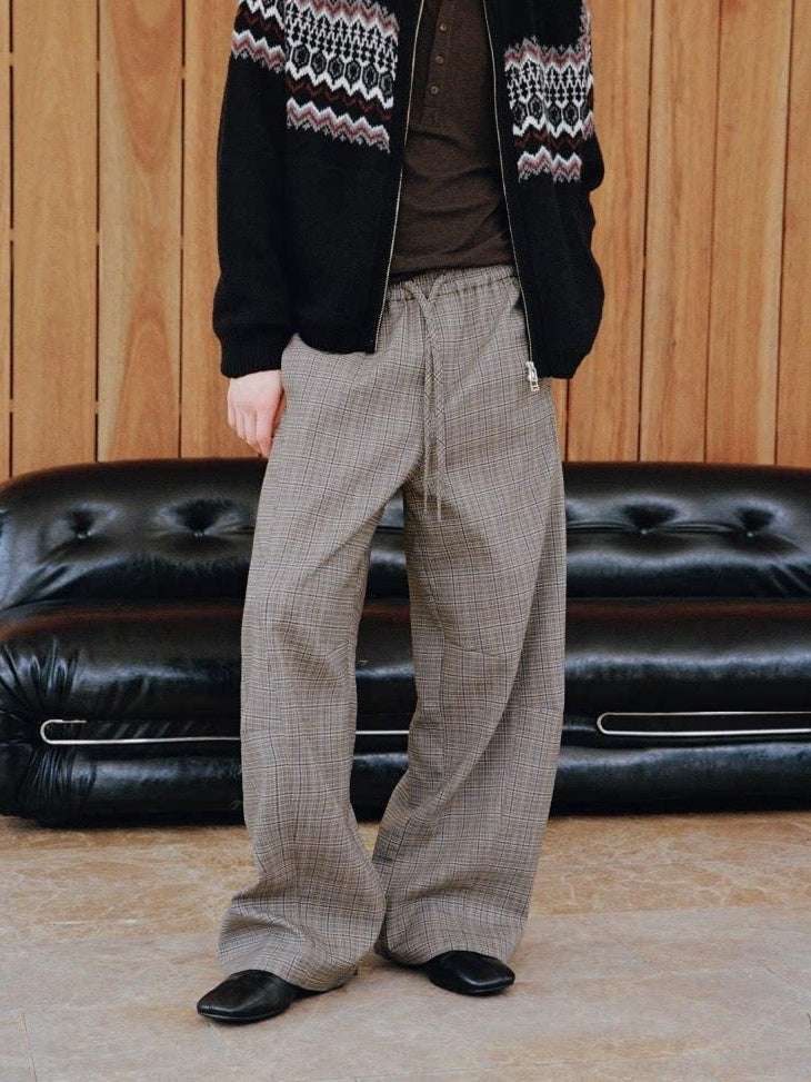 VLABMADE Wrinkle Free Relaxed Wide Patchwork Houndstooth Work Drawstring Casual Trousers