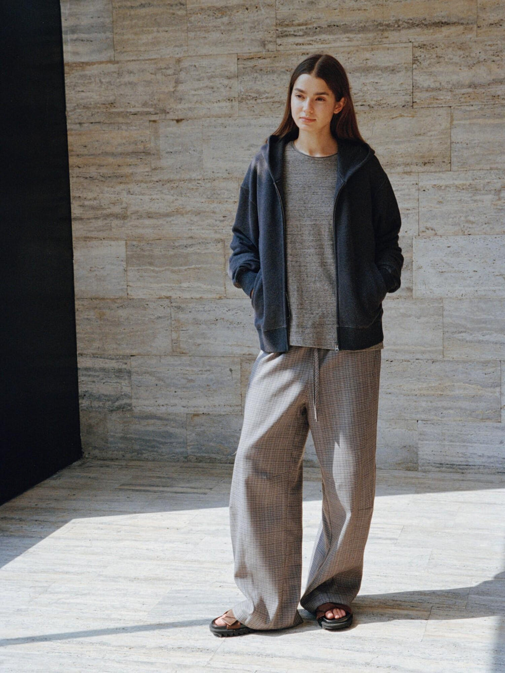 VLABMADE Wrinkle Free Relaxed Wide Patchwork Houndstooth Work Drawstring Casual Trousers