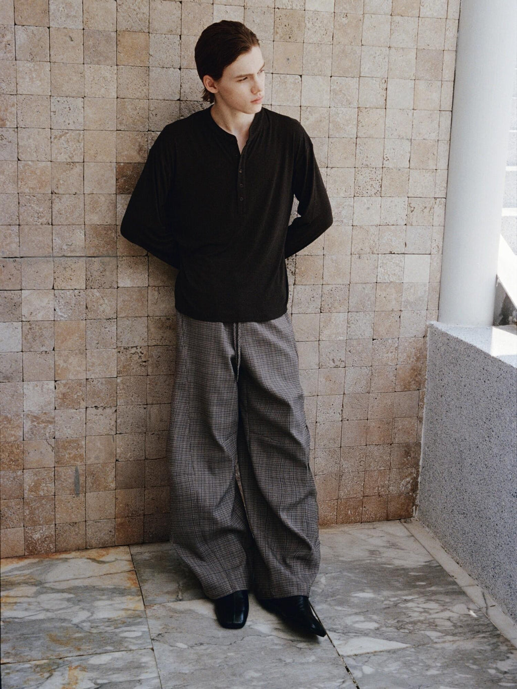 VLABMADE Wrinkle Free Relaxed Wide Patchwork Houndstooth Work Drawstring Casual Trousers