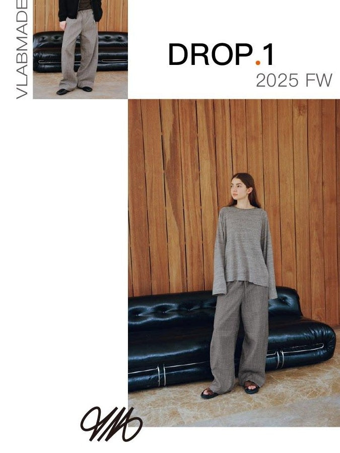 VLABMADE Wrinkle Free Relaxed Wide Patchwork Houndstooth Work Drawstring Casual Trousers