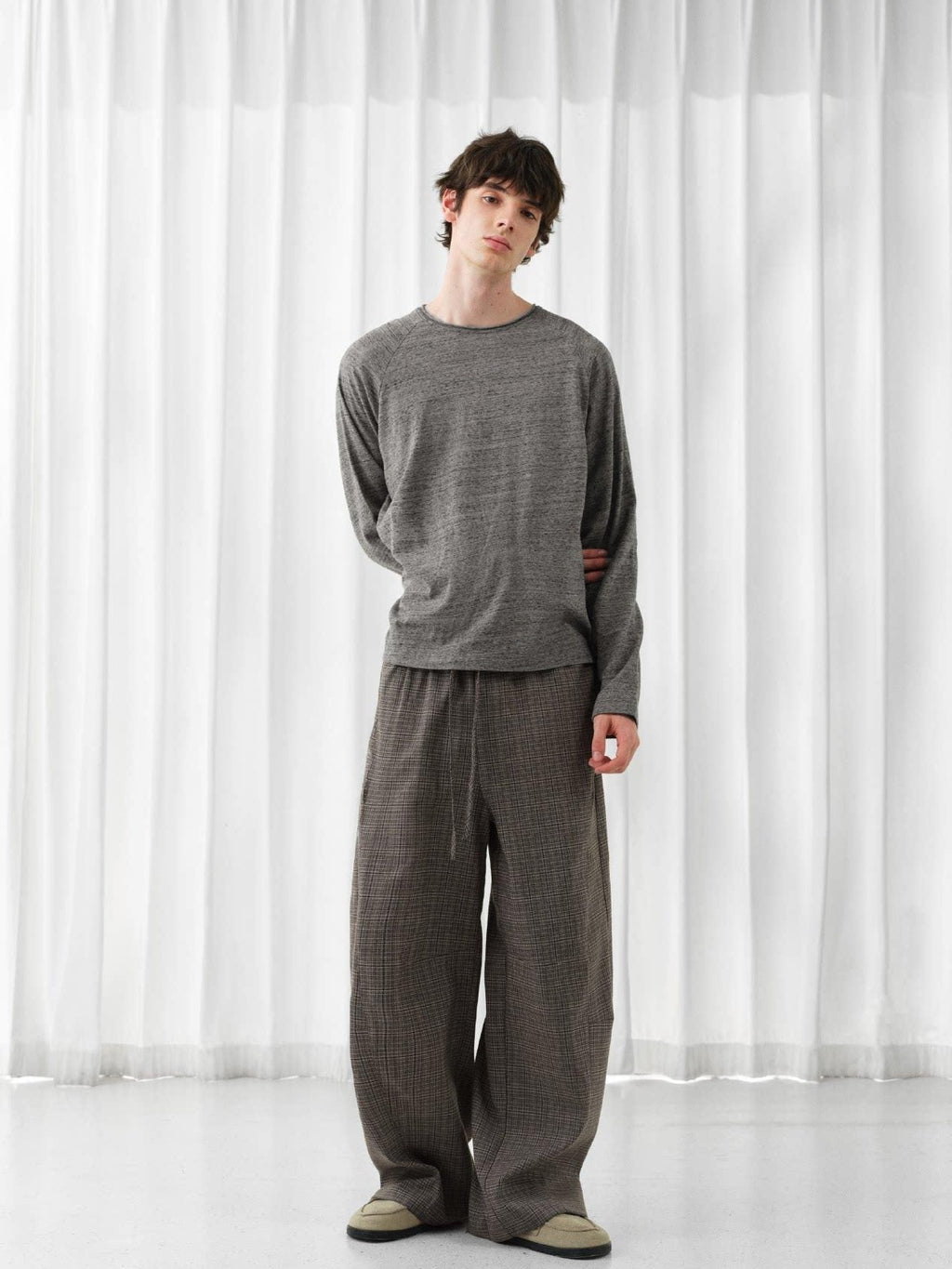 VLABMADE Wrinkle Free Relaxed Wide Patchwork Houndstooth Work Drawstring Casual Trousers