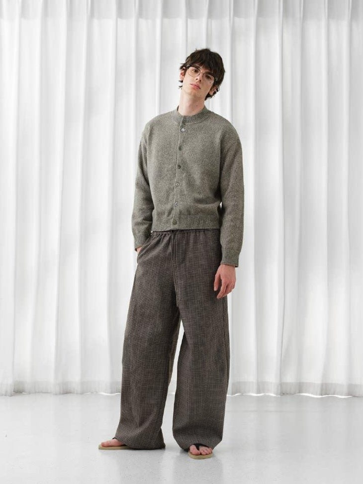 VLABMADE Wrinkle Free Relaxed Wide Patchwork Houndstooth Work Drawstring Casual Trousers