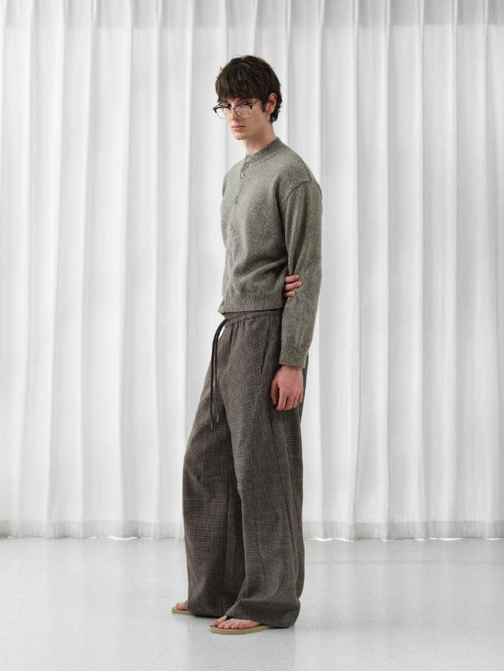 VLABMADE Wrinkle Free Relaxed Wide Patchwork Houndstooth Work Drawstring Casual Trousers