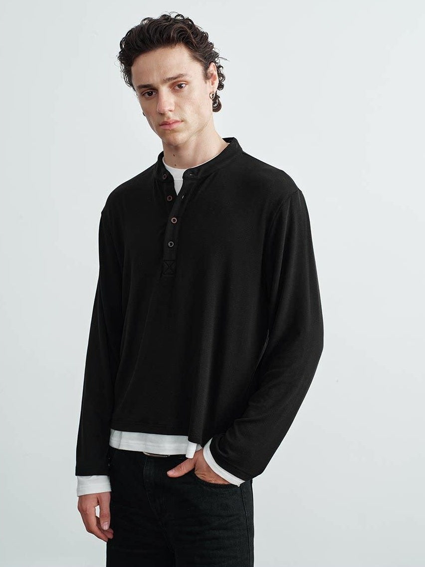 VLABMADE Wrinkle Resistant Colorblock Loose Fit Mens Henley Knitted Long Sleeve T-Shirts