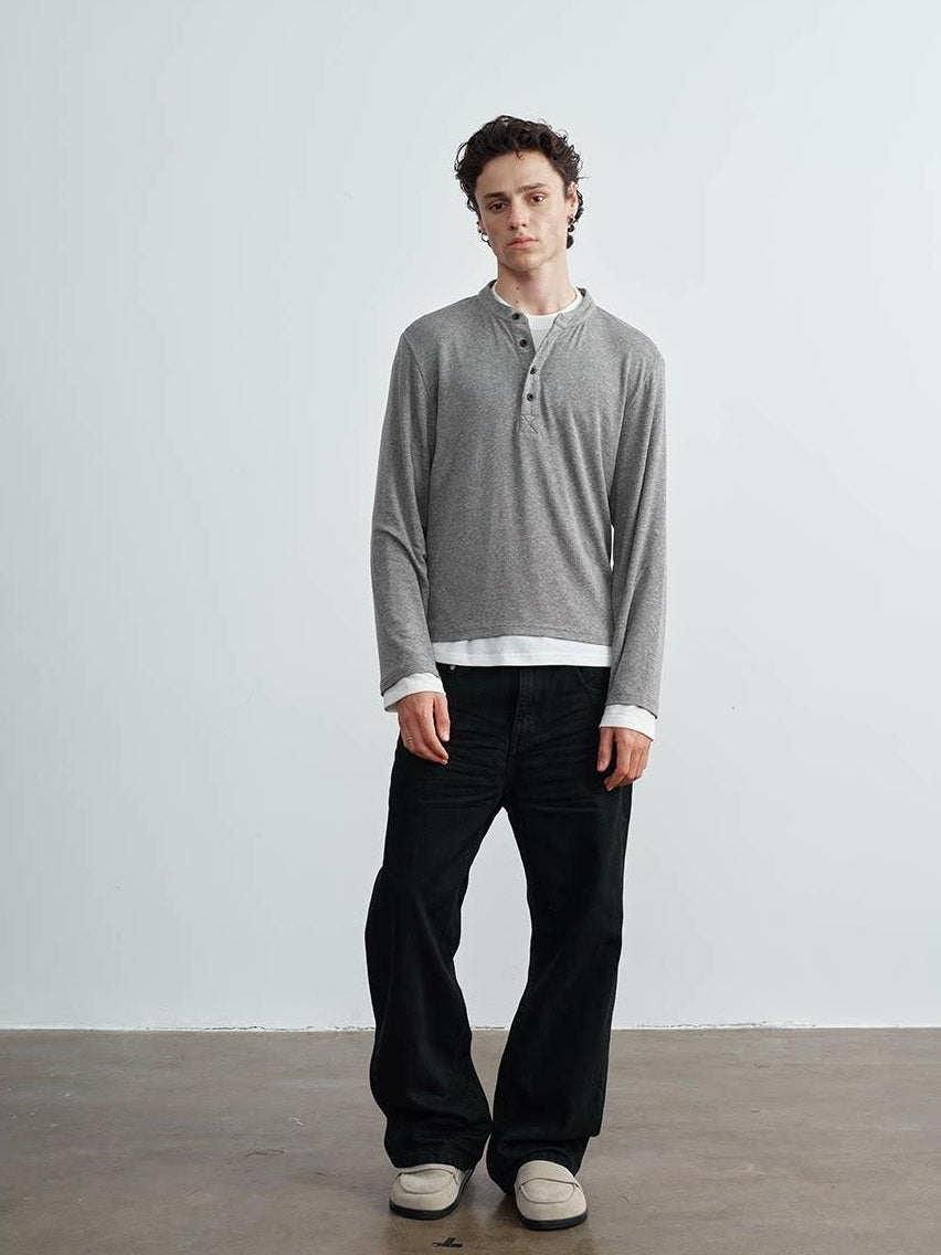 VLABMADE Wrinkle Resistant Colorblock Loose Fit Mens Henley Knitted Long Sleeve T-Shirts