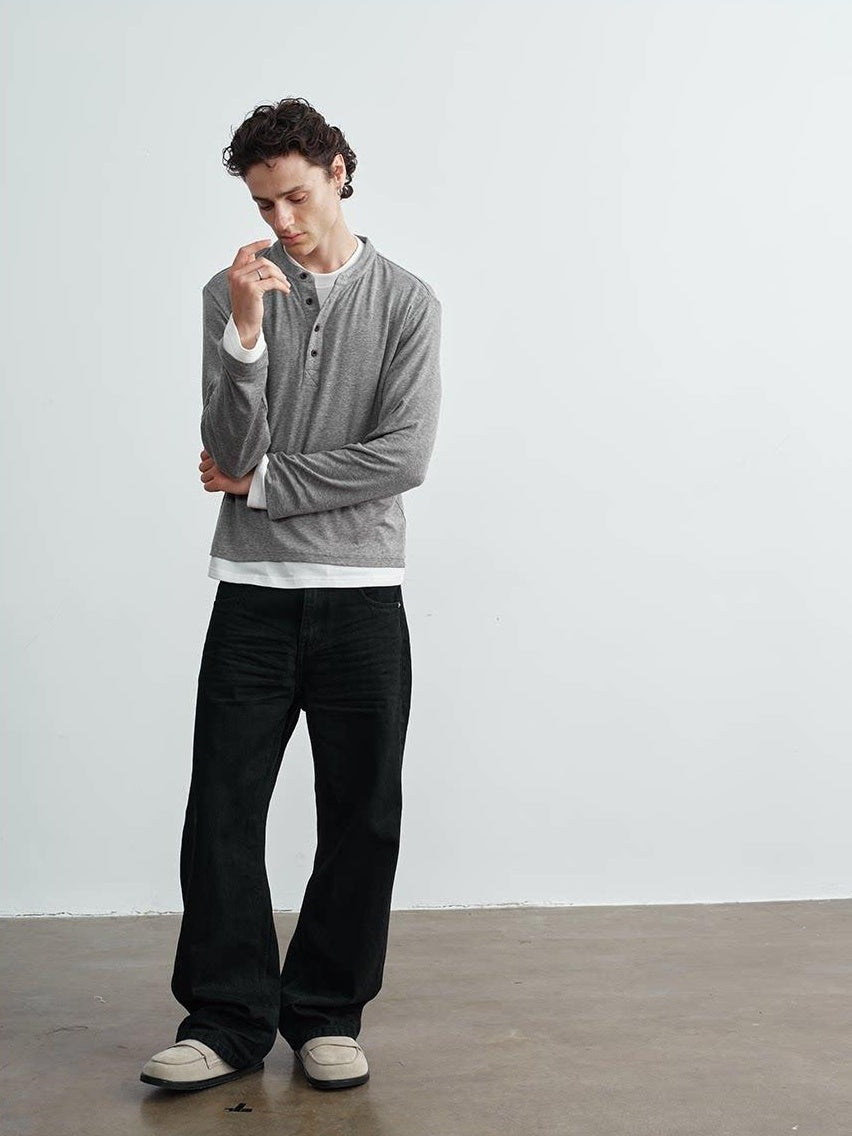 VLABMADE Wrinkle Resistant Colorblock Loose Fit Mens Henley Knitted Long Sleeve T-Shirts