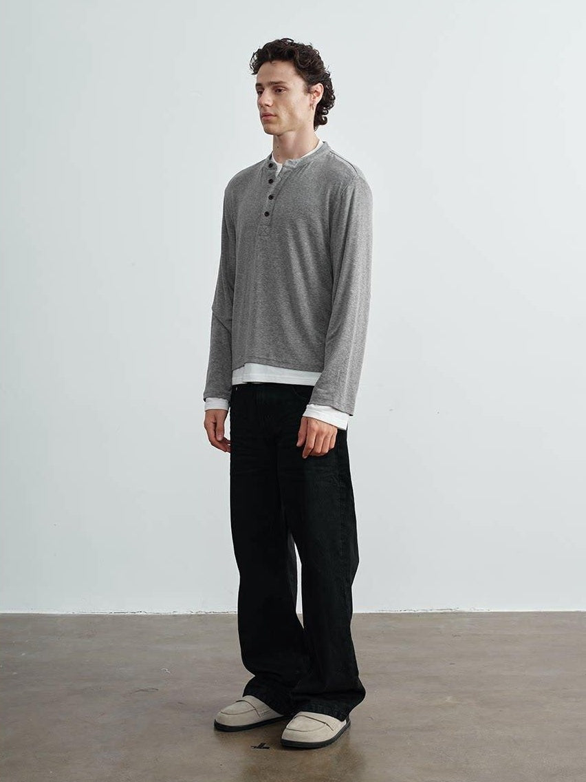 VLABMADE Wrinkle Resistant Colorblock Loose Fit Mens Henley Knitted Long Sleeve T-Shirts