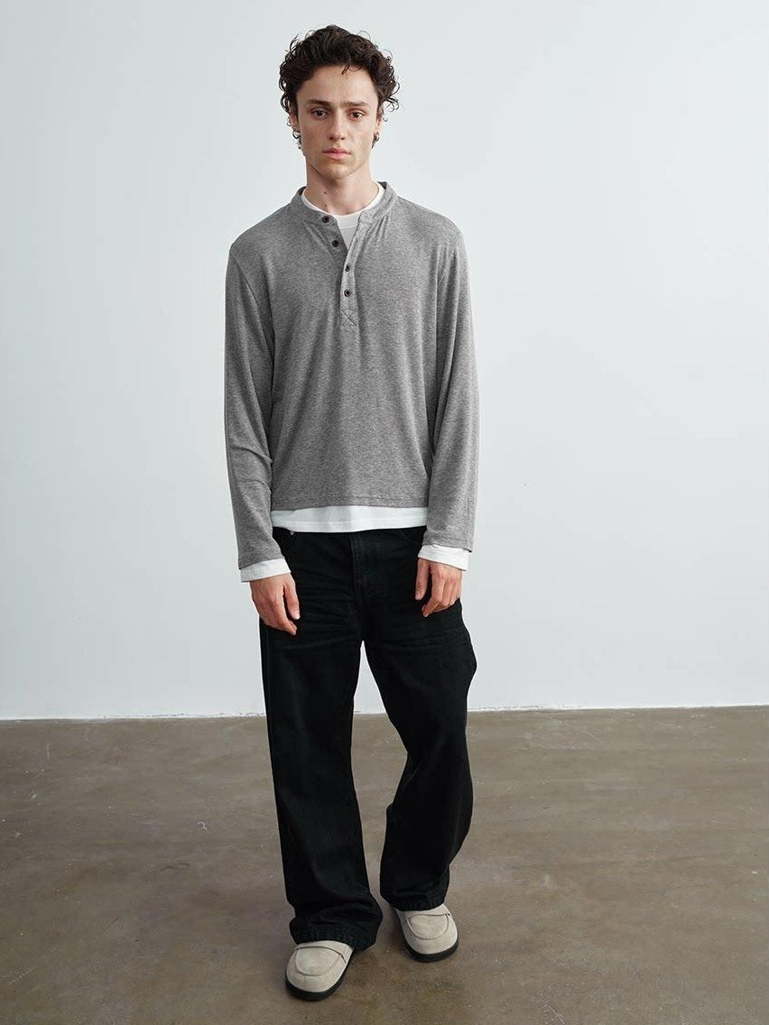 VLABMADE Wrinkle Resistant Colorblock Loose Fit Mens Henley Knitted Long Sleeve T-Shirts
